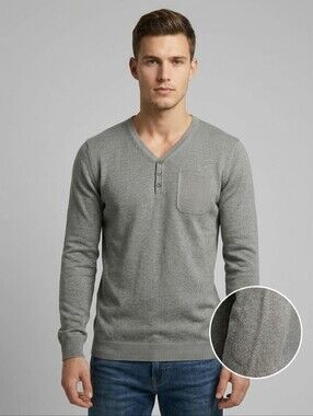 RW&CO Mens Grey Sage Green V-Neck Knit Henley Sweater Elbow Patches Size M